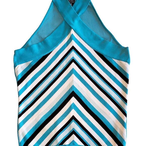 EUC 70s Style Turquoise & White Chevron Silk Blend Halter Criss Cross Crop Top - Picture 4 of 5